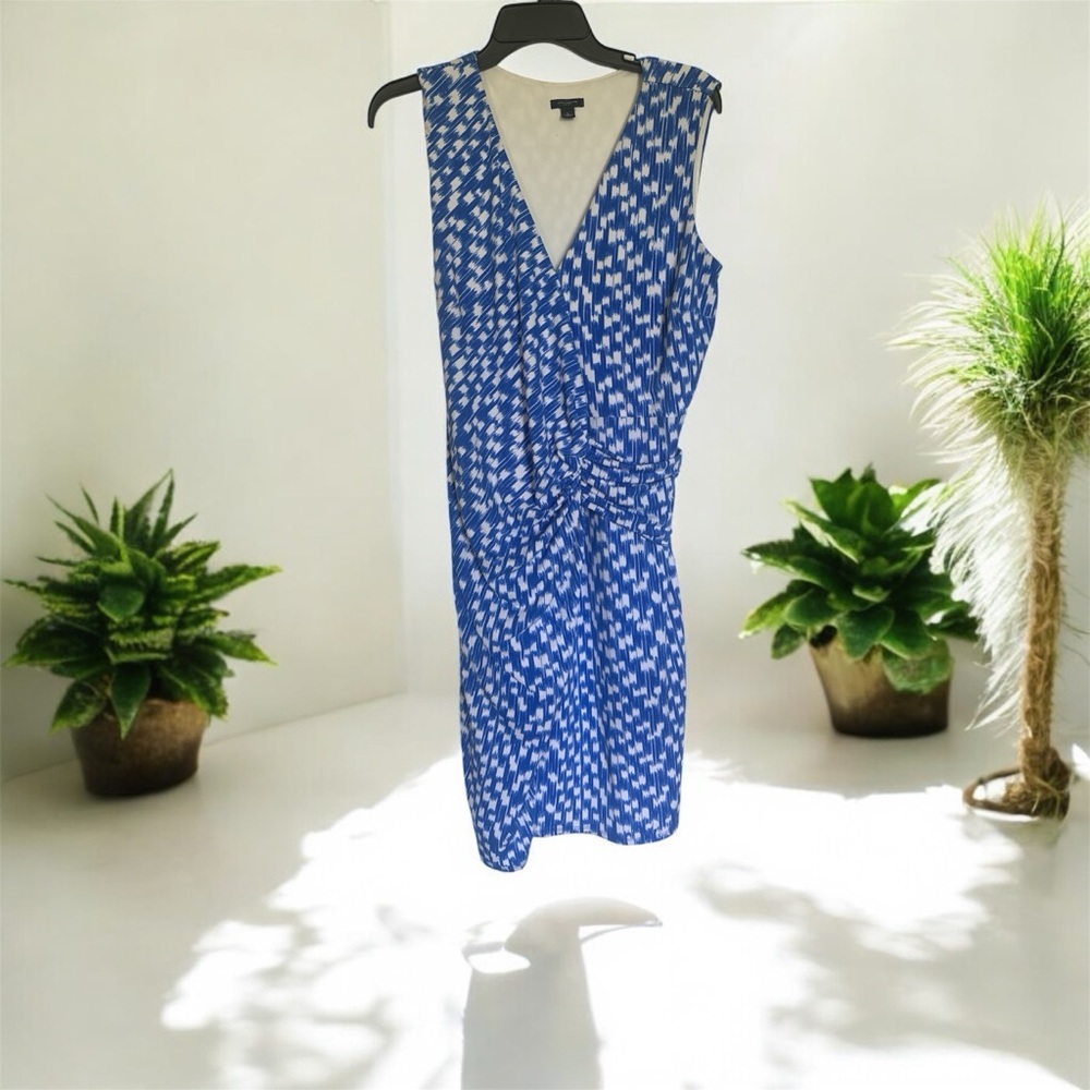 Blue and White Sleeveless Wrap Midi Dress